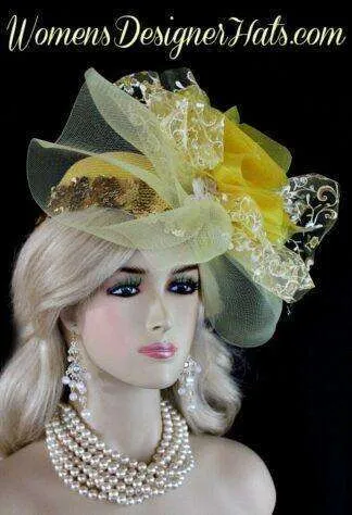 Yellow White Metallic Gold Couture Designer Pillbox Wedding Bridal Hat Cocktail Hat Headpiece