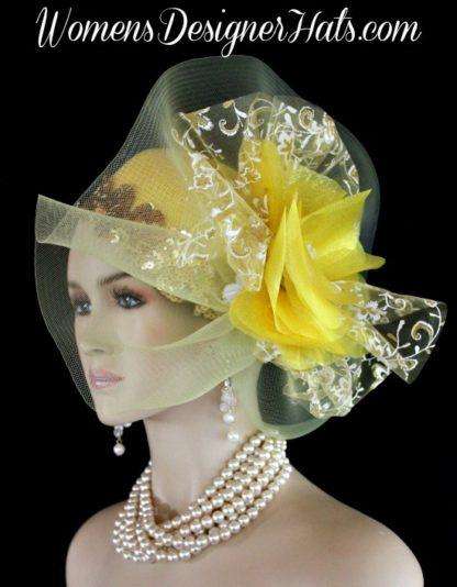 Yellow White Metallic Gold Couture Designer Pillbox Wedding Bridal Hat Cocktail Hat Headpiece