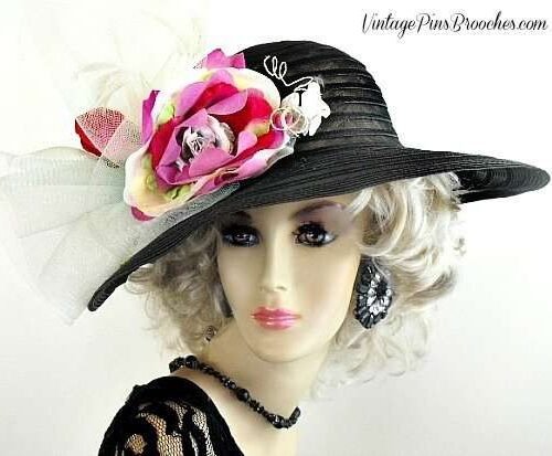 blackdesignerhat_widebrimhat_hatswithfeathers_customhats_womenshats_fashionhats_kentuckyderbyhats_churchhats_bridal_ladiesfashionhats Ladies Black Hot Pink Green White Bridal Church Wedding Hat, Kentucky Derby Hats For Women, Formal Fashion Dress Hats For Women, Custom Hats Millinery Headwear, Beautiful Hats Lady's