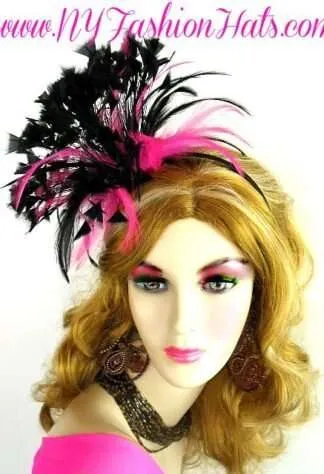 Women's Formal Black Hot Pink Feathered Satin Headband Cocktail Hat, Ladies Designer Cocktail Hats, Hats For Weddings, Bridal Couture Headpiece, Wedding Fascinators Hairbands Hair Accessories, Custom Millinery Headwear Apparel Hats Woman
