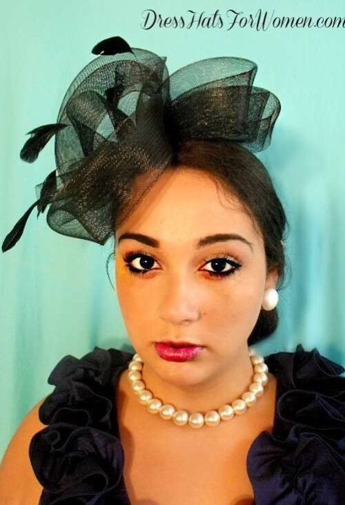 cocktailhats_bridal_hautecouture_ladiesformalhat_hatsforchurch_weddingfascinators_womanshats_occasionhats_hatsforholidays_fashion Women's Haute Couture Stylish Black Large Bow Cocktail Hat, Black Wedding Fascinators For Women Woman, Ladies Black Hats For The Kentucky Derby, Bridal Couture Headpiece