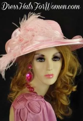 Soft Pink Satin Wide Brim Designer Hat With Feathers, Pink Kentucky Derby Oaks Hats, Ladies Fashion Hats, Hats For Church, Bridal Couture Headpiece Custom Hat Millinery