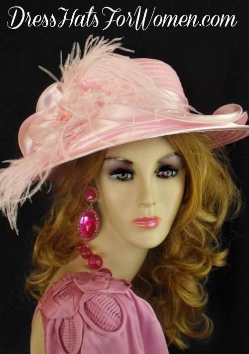 Soft Pink Satin Wide Brim Designer Hat With Feathers, Pink Kentucky Derby Oaks Hats, Ladies Fashion Hats, Hats For Church, Bridal Couture Headpiece Custom Hat Millinery