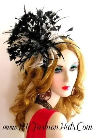 Ladies Woman's Black Ivory Wedding Fascinator With Feathers, Satin Headband Cocktail Hats, Designer Hats For Weddings Formals Church Special Occasion