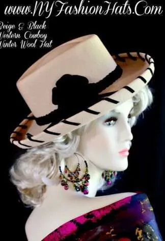 Women's Beige And Black Western Winter Wool Cowboy Fashion Hat