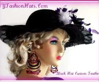 Women's Black White Purple Kentucky Derby Wide Brim Hat With Feathers, Bridal Wedding Couture Hats With Feathers, Custom Dress Hats For Women, Church Hats For Formals
