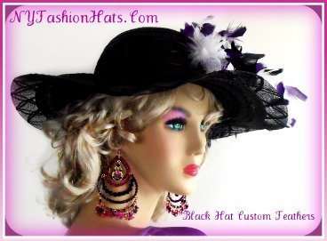 Women's Black White Purple Kentucky Derby Wide Brim Hat With Feathers, Bridal Wedding Couture Hats With Feathers, Custom Dress Hats For Women, Church Hats For Formals