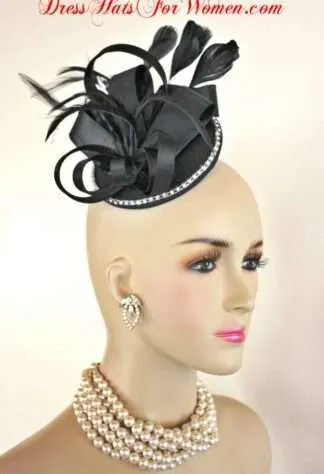 Black Satin Rhinestone Wedding Fascinator Cocktail Hat For Women, Ladies Designer Cocktail Hats, Funeral Hats, Kentucky Derby Hats, Dubai World Cup Hats