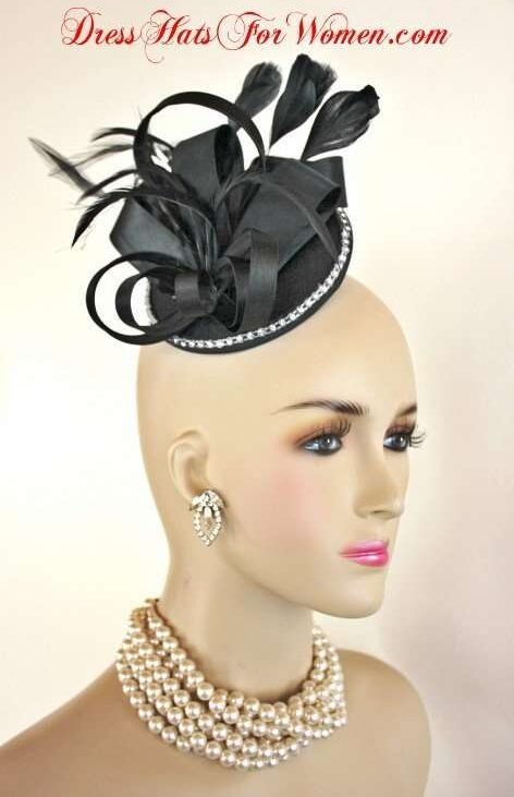 Black Satin Rhinestone Wedding Fascinator Cocktail Hat For Women, Ladies Designer Cocktail Hats, Funeral Hats, Kentucky Derby Hats, Dubai World Cup Hats