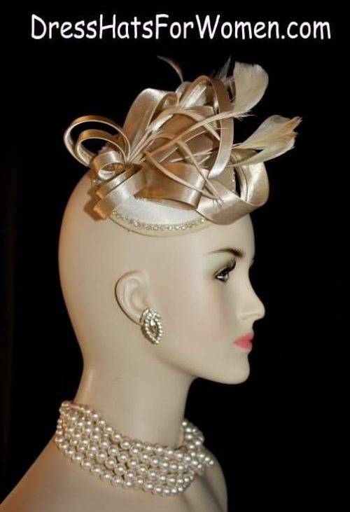 Ladies Champagne Beige Satin Wedding Fascinator, Cocktail Hats Woman Formal, Church Hats, Bridal Couture Headpiece Weddings, Elegant Kentucky Derby Hats Millinery