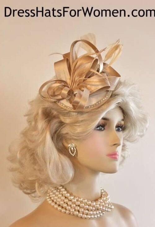 Womens Designer Custom Made Champagne Beige Wedding Fascinator, Satin Designer Hats For Women, Church Derby Formal Hats Headpiece, Haute Couture, Fashion Designer Hat
