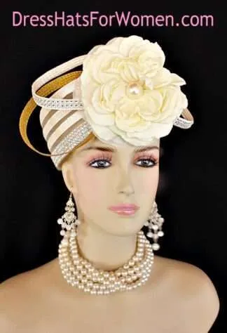 Ivory Metallic Gold Pillbox Wedding Hat, Kentucky Derby Hats With Flowers Rhinestones, Couture Bridal Headpiece Fascinator, 1920's Flapper Style Hat, Art Deco Hats, Church Formal Special Occasion Hats Millinery Headpiece Custom