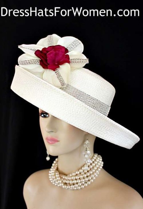 Dress Hats For Women, Kentucky Derby Hats, Hats For Horse Races, Haute Couture Fashion Hats, Formal Wedding Hats, Bridal Headpiece, Cocktail Hats, Mother Of The Bride Hats, Sinamay Straw Hats, Large Big Brim Hats, Hats For Horse Races, Church Sabbath Hats, Satin Hats, Pillbox Veil Hat, Ivory fuchsia Pink Wide Brim Kentucky Derby Hat, Wedding Hats With Flowers Rhinestones, Woman's Couture Designer Bridal Hat Headpiece, Custom Millinery Hats For Church Formals Special Occasion