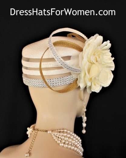 Ivory Metallic Gold Church Hat, Hats For Formals Special Occasion Races, Custom Couture Bridal Wedding Fascinator Headpiece, Cocktail Hat Women, Bridal Bridesmaids Tea Party