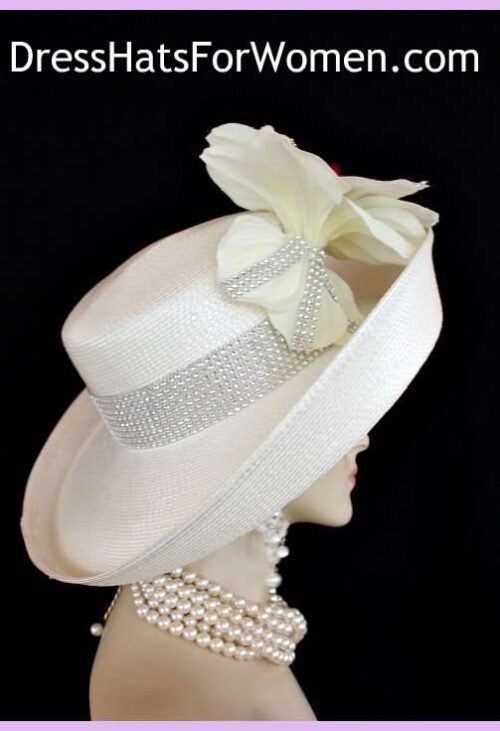 ladieshats_strawhats_customhatswithflowers_womensdesignerhats_hatswithrhinestones_weddinghats_whattoweartothekentuckyderby_elegantchurchhats Ivory fuchsia Pink Wide Brim Kentucky Derby Hat, Wedding Hats With Flowers Rhinestones, Woman's Couture Designer Bridal Hat Headpiece, Custom Millinery Hats For Church Formals Special Occasion