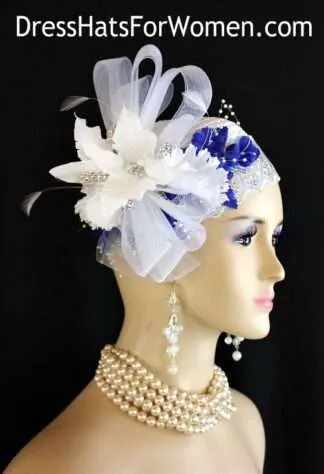 Dress Hats For Women, Kentucky Derby Hats, Hats For Horse Races, Haute Couture Fashion Hats, Formal Wedding Hats, Bridal Headpiece, Cocktail Hats, Mother Of The Bride Hats, Sinamay Straw Hats, Large Big Brim Hats, Hats For Horse Races, Church Sabbath Hats, Satin Hats, Pillbox Veil Hat, Women's White Silver Royal Blue Wedding Cocktail Hat, Kentucky Derby Hats, Pillbox Hats, 1920's Flapper Hats, Art Deco Hats, Hats For Formals Church Weddings Brides