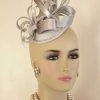 Woman's Silver Grey Satin Wedding Fascinator With Rhinestone, Cocktail Hats, Kentucky Derby Hats, Hats For Formals Church Weddings, Special Occasion Satin Bridal Brides Hat Headpiece, Custom Couture Millinery