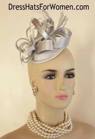 Woman's Silver Grey Satin Wedding Fascinator With Rhinestone, Cocktail Hats, Kentucky Derby Hats, Hats For Formals Church Weddings, Special Occasion Satin Bridal Brides Hat Headpiece, Custom Couture Millinery
