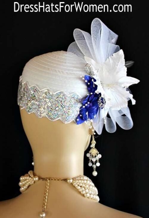 whiteformalhats_royalblue_dresshatsforwomen_womensdesignerhats_hatsforweddings_cocktailhat_pillboxhats_satinhats_springhats_churchhats Woman's White Royal Blue Silver Rhinestone Kentucky Derby Hat, Cocktail Hats, Wedding Fascinators, Bridal Couture Millinery Headpiece, Pillbox Hats For Church Special Occasion, Dress Fashion Hats For Women