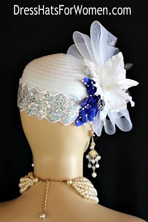 Woman's White Royal Blue Silver Rhinestone Kentucky Derby Hat, Cocktail Hats, Wedding Fascinators, Bridal Couture Millinery Headpiece, Pillbox Hats For Church Special Occasion, Dress Fashion Hats For Women