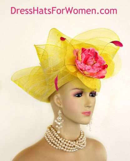 Dress Hats For Women, Kentucky Derby Hats, Hats For Horse Races, Haute Couture Fashion Hats, Formal Wedding Hats, Bridal Headpiece, Cocktail Hats, Mother Of The Bride Hats, Sinamay Straw Hats, Large Big Brim Hats, Hats For Horse Races, Church Sabbath Hats, Satin Hats, Pillbox Veil Hat, Yellow Couture Lift Up Wide Brim Designer Hat, Yellow Church Hat With A Large Pink Flower rhinestones Feathers, Women's Custom Kentucky Derby Hats, Bridal Headpiece, Ladies Fashion Spring Hats For The Races