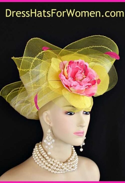 yellowhatswomen_couturehatswomen_bridalheadpiece_kentuckyderbyhats_weddingfascinator_cocktailhats_designerhatsforwomen_ladieschurchhats_dresshatsforwomen Couture Yellow Hot Pink Kentucky Derby Hat, Custom Church Hats, Woman's Bridal Wedding Headpiece, Fashion Hats For The Spring Races, Mother Of The Bride Hats Headpiece Millinery Headwear
