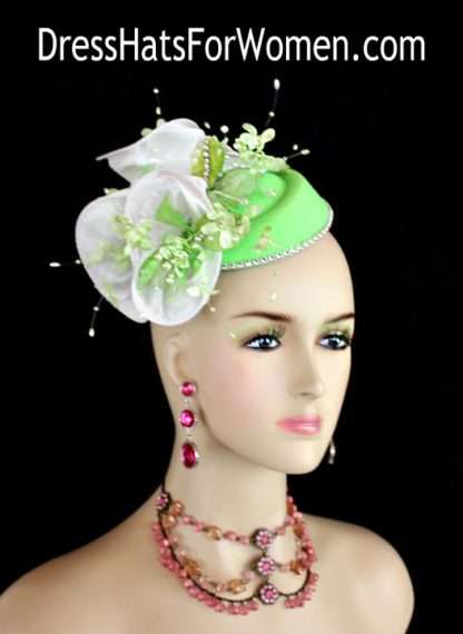 Ladies Lime Green White Wedding Bridal Fascinator, Pillbox Hats For Women, Cocktail Hats, Felt Flower Couture Church Bridal Headpiece Custom Hats Woman