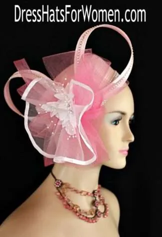 Ladies Pink White Couture Pillbox Dress Hat, Wedding Bridal Fascinators, Designer Church Hats Women, Kentucky Derby Hats, Bridal Couture Custom Hat Millinery Headpiece