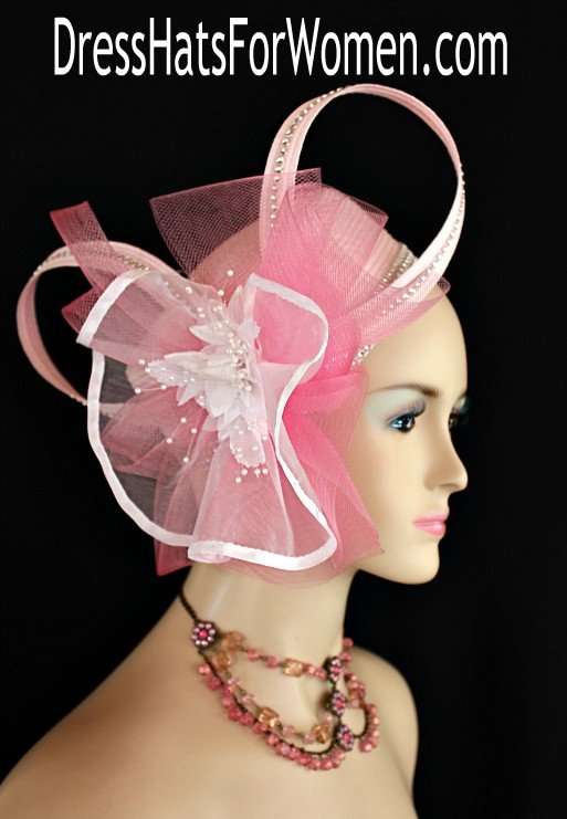 Ladies Pink White Couture Pillbox Dress Hat, Wedding Bridal Fascinators, Designer Church Hats Women, Kentucky Derby Hats, Bridal Couture Custom Hat Millinery Headpiece