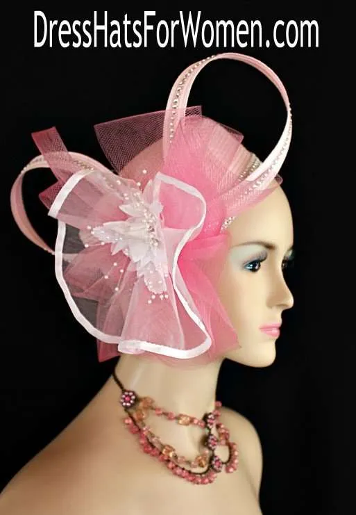 Ladies Pink White Couture Pillbox Dress Hat, Wedding Bridal Fascinators, Designer Church Hats Women, Kentucky Derby Hats, Bridal Couture Custom Hat Millinery Headpiece