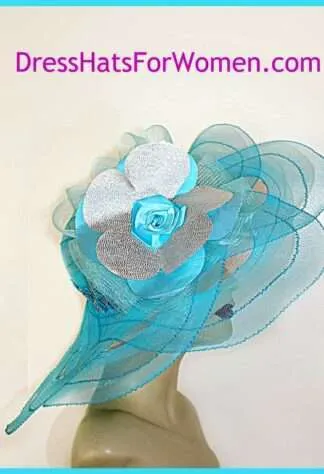 Ladies Turquoise Blue Metallic Silver Designer Hats, Kentucky Derby Hats, Church Wedding Formal Bridal Hats, Custom Headwear Millinery Apparel Woman