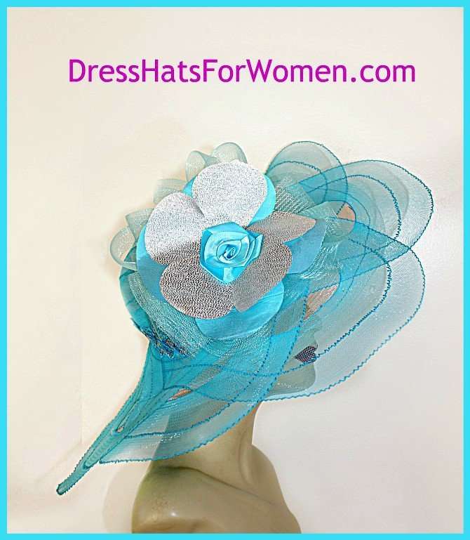 Ladies Turquoise Blue Metallic Silver Designer Hats, Kentucky Derby Hats, Church Wedding Formal Bridal Hats, Custom Headwear Millinery Apparel Woman