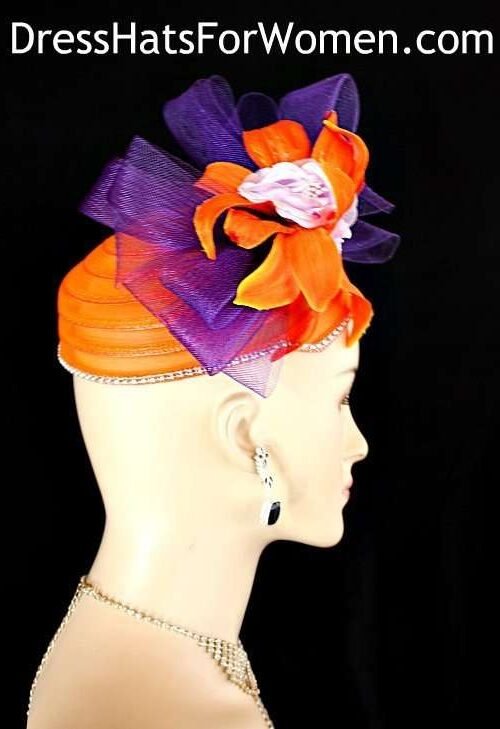 Kentucky Derby Hats, Orange Purple Cocktail Hat Woman, Bespoke Couture Wedding Fascinator, Special Occasion Hats, Hats For Church Formals Weddings Dress