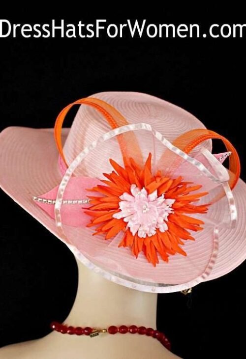 pinkorangehats_ladiesdresshats_kentuckyderbyhats_formalhats_churchhats_bridal_headpiece_motherofthebridehats_fashionhatswomen Women's Designer Pink Orange Brim Fashion Hat For Church, Dress Hats For Weddings Formals Special Occasion, Custom Hats For Women Flowers, Mother Of The Bride Hats, Couture Headwear Apparel Millinery Hats