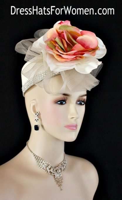 Ladies Ivory Coral Peach Olive Green Pillbox Cocktail Hat, Kentucky Derby Hats, Wedding Bridal Church Fascinator