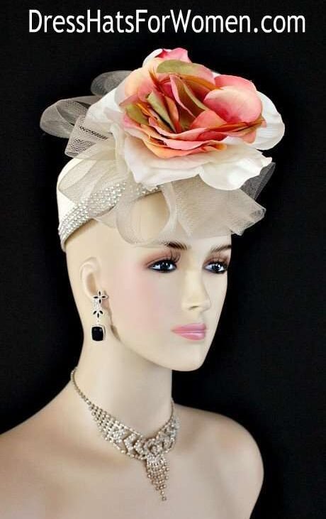 ivorydresshats_pillboxhats_formalchurchhats_hatswithflowers_designerhats_fashionhats_kentuckyderbyhats_specialoccasionhats Ladies Ivory Coral Peach Olive Green Pillbox Cocktail Hat, Kentucky Derby Hats, Wedding Bridal Church Fascinator