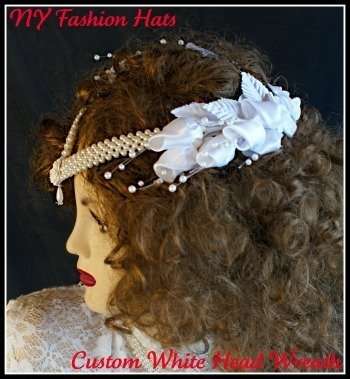 Ladies White Bridal Pearl Satin Roses Sequin Fashion Designer Ladies Hat Wedding Headpiece Fascinator
