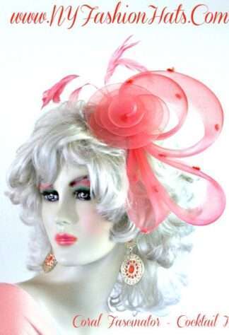 Ladies Woman - Coral, White, Or Pink, Fascinator - Cocktail Hat - Hairband - With Feathers, Bridal Wedding Headpiece. By www.NYFashionHats.Com