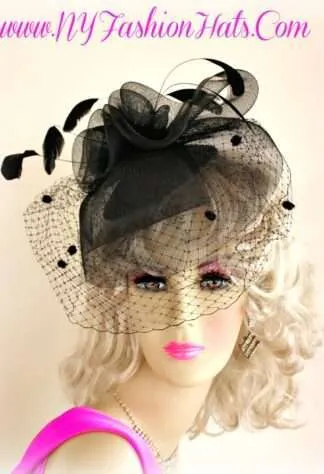 Ladies Black Designer Hairband Cocktail Face Veil Hat Funeral Hats EK