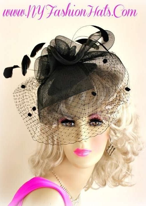Ladies Black Designer Hairband Cocktail Face Veil Hat Funeral Hats EK
