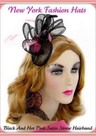 black_hotpink_pink_hairband_hat_millinery_satin_gown_dresses_ladieshat_nyfashionhats_pictures_images_fashion Women's Black Hot Pink Sinamay Straw Satin Hairband Cocktail Hat Wedding Fascinator