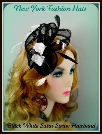 Women's Black And White Wedding Fascinator, Cocktail Wedding Hat With Rosettes And Feathers, Headpiece For Church, Weddings, Formals, Funerals, And Special Occasion. By www.NYFashionHats.Com - Customize This Fascinator