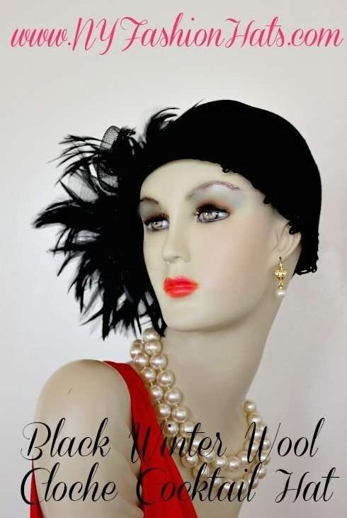 Black Flapper Deco Feather Winter Cloche Feather Hat, NY Fashion Hats