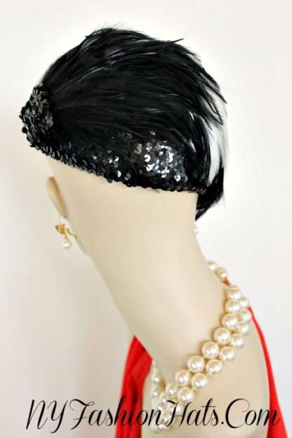 Ladies Black White Flapper Deco Feather Cocktail Pillbox Hat, NY Fashion Hats - Image 3