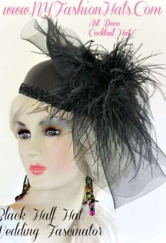 Ladies Dramatic Black Cocktail Pillbox Hat With A Larg Bow And Feathers, Designer Fashion Hats Pillboxes