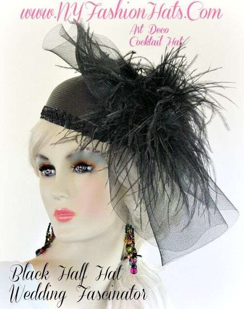 Ladies Dramatic Black Cocktail Pillbox Hat With A Larg Bow And Feathers, Designer Fashion Hats Pillboxes