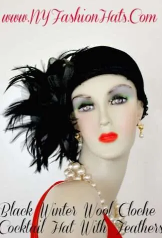 Black Flapper Deco Feather Winter Cloche Feather Hat, NY Fashion Hats