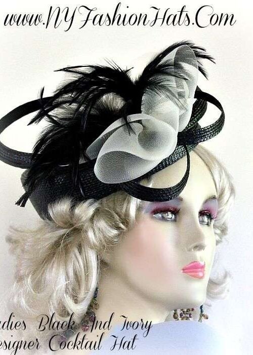 blackhats_blackcocktailhat_weddinghats_artdeco_flappers_weddinghats_churchhats_eveninghats_NYFashionHats_holidays Women's Black Art Deco Styled, Pillbox Cocktail Designer Hat, With An Ivory Bow, And Black Feathers. A Perfect Hat, For Black Tie Events, Holiday Office Parties, Church, Temple, Weddings, And Special Occasion. By www.NYFashionHats.Com