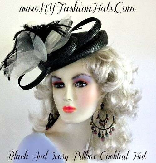Women's Black Art Deco Styled, Pillbox Cocktail Designer Hat, With An Ivory Bow, And Black Feathers. A Perfect Hat, For Black Tie Events, Holiday Office Parties, Church, Temple, Weddings, And Special Occasion. By www.NYFashionHats.Com