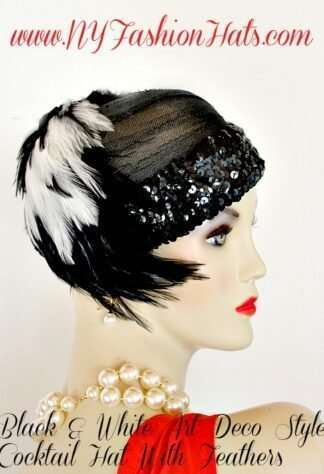 Women's Black Sheer Cocktail Holiday Art Deco 1920's Flapper Hat, With Black And White Feathers. A Black Row Of Thick Sequin Gives This Hat Such Style. A Perfect Headpiece, For Weddings, Formals, Tea's, Church, Temple, Holidays, And Special Occasion. This Cocktail Hat, Is Suited For Winter, Spring, Summer Or Fall. We Specialize In Cocktail Hats For Women, Pillbox Hats With Veils, Wedding Fascinators, Hats With Feathers, Satin Dress Hats For Women, Hairband Hats, Bridal Headpieces, Hats For Brides, Hair Accessories For Women, Custom Designer Hats, Kentucky Derby Hats, Hats For Horse Races, Hats For Formals, Church Hats, And Special Occasion Hats. Custom Made And Designed By NY Fashion Hats Custom Millinery Headwear. https://www.nyfashionhats.com